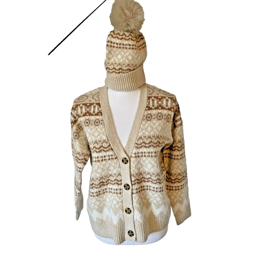 NWT Cupcakes & Cashmere Soft & Cozy Brown Fair Isle Cardigan and Toboggan XS